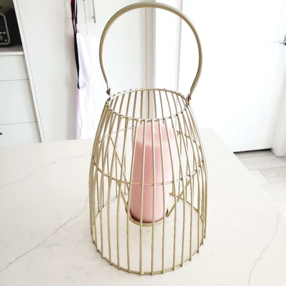 Partylite Strawberry Rubarb Pink Candle & Shabby Chic Metal Gold Lantern Set